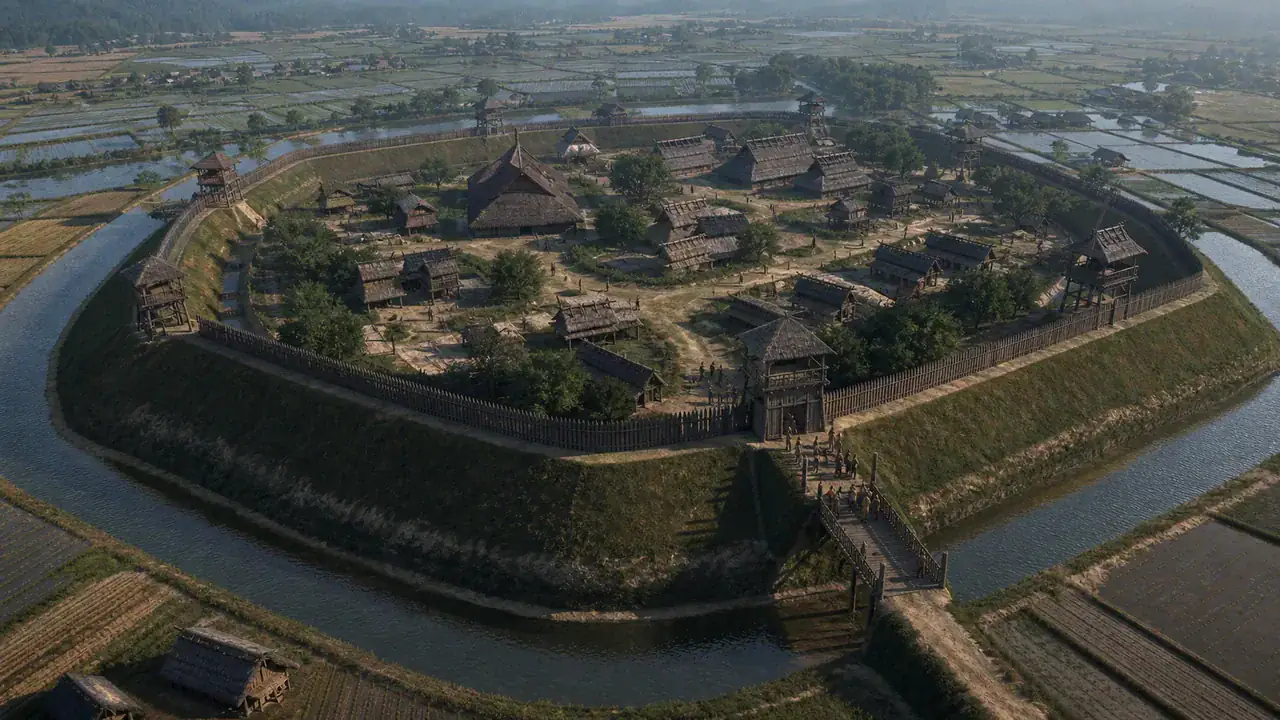 Recreación histórica específica de La gran aldea fortificada de Yoshinogari, Yoshinogari, Saga, Kyushu, Siglos III a. C.–III d. C., expansión máxima en el Yayoi tardío
