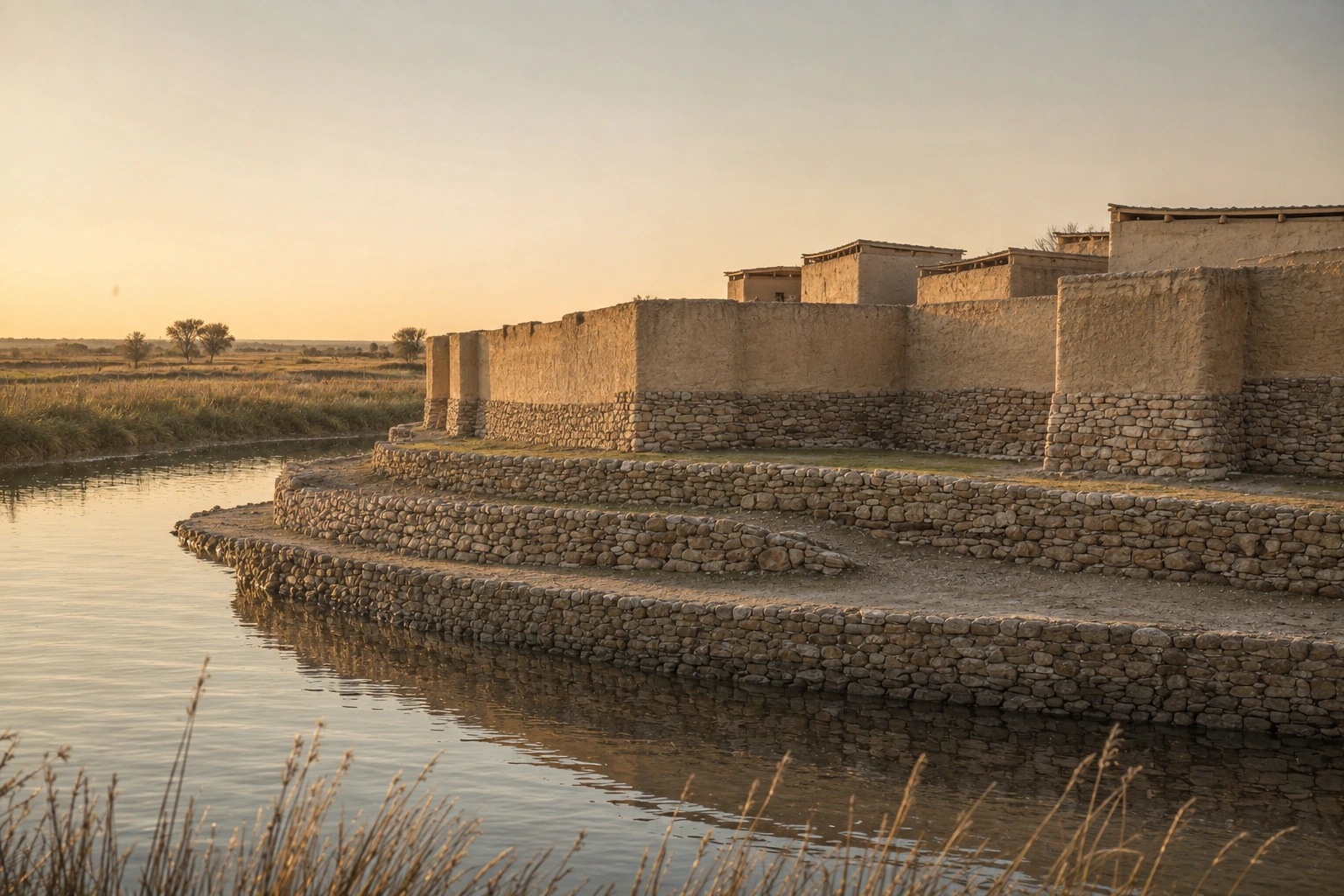 Reconstrucción interpretativa de Els Vilars durante el siglo IV a. C.: foso inundable y muralla de piedra y adobe, con alzados hipotéticos.