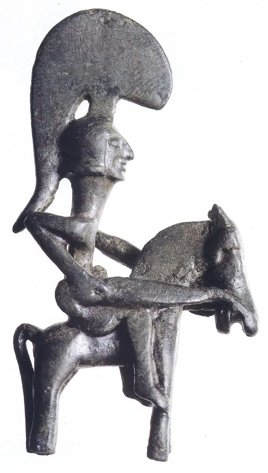 The so-called Warrior of Moixent . Iberian bronze figurine dated circa 400 BC. Also called Horse of La Bastida . Found in Partida de la Bastida de les Alcuses, in Moixent ( Province of Valencia , Spain ).