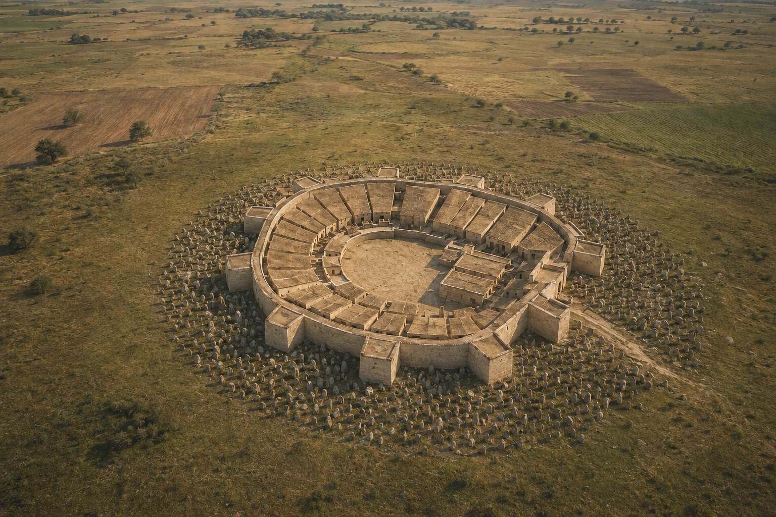 Reconstrucción interpretativa aérea de Els Vilars I, hacia 600 a. C.: recinto oval, casas rectangulares adosadas y campo de piedras hincadas; alzados y cubiertas hipotéticos.