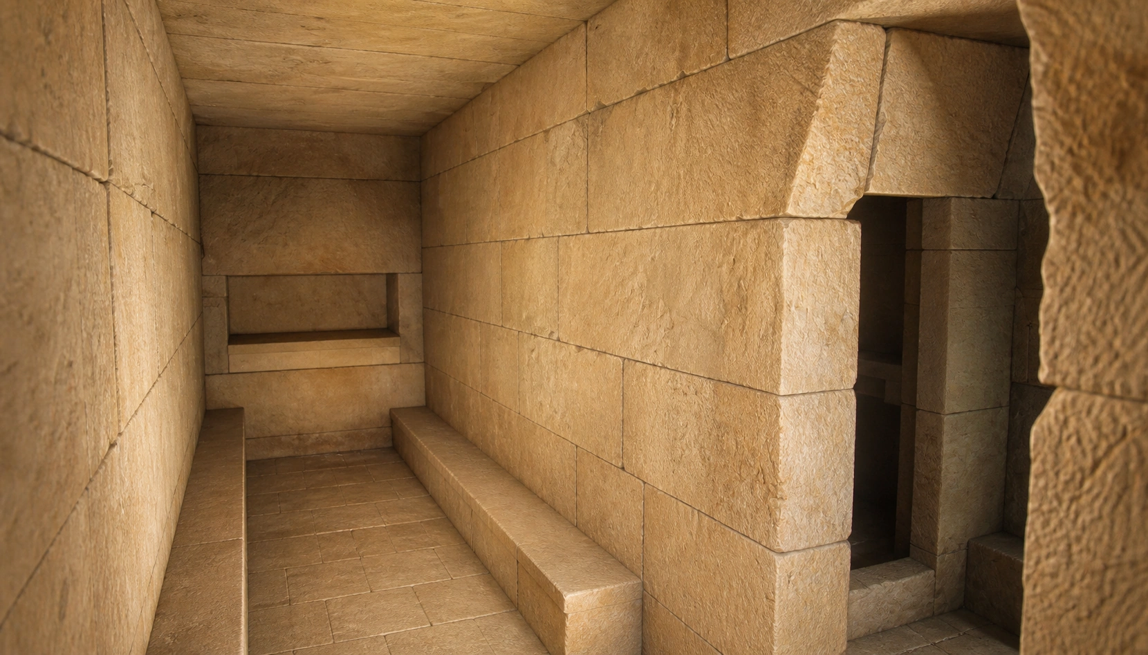Reconstrucción interpretativa de un interior parcial de la cámara de Toya en el siglo IV a. C., con losas planas, vanos tallados, bancos y vasar; superficies e iluminación hipotéticas.