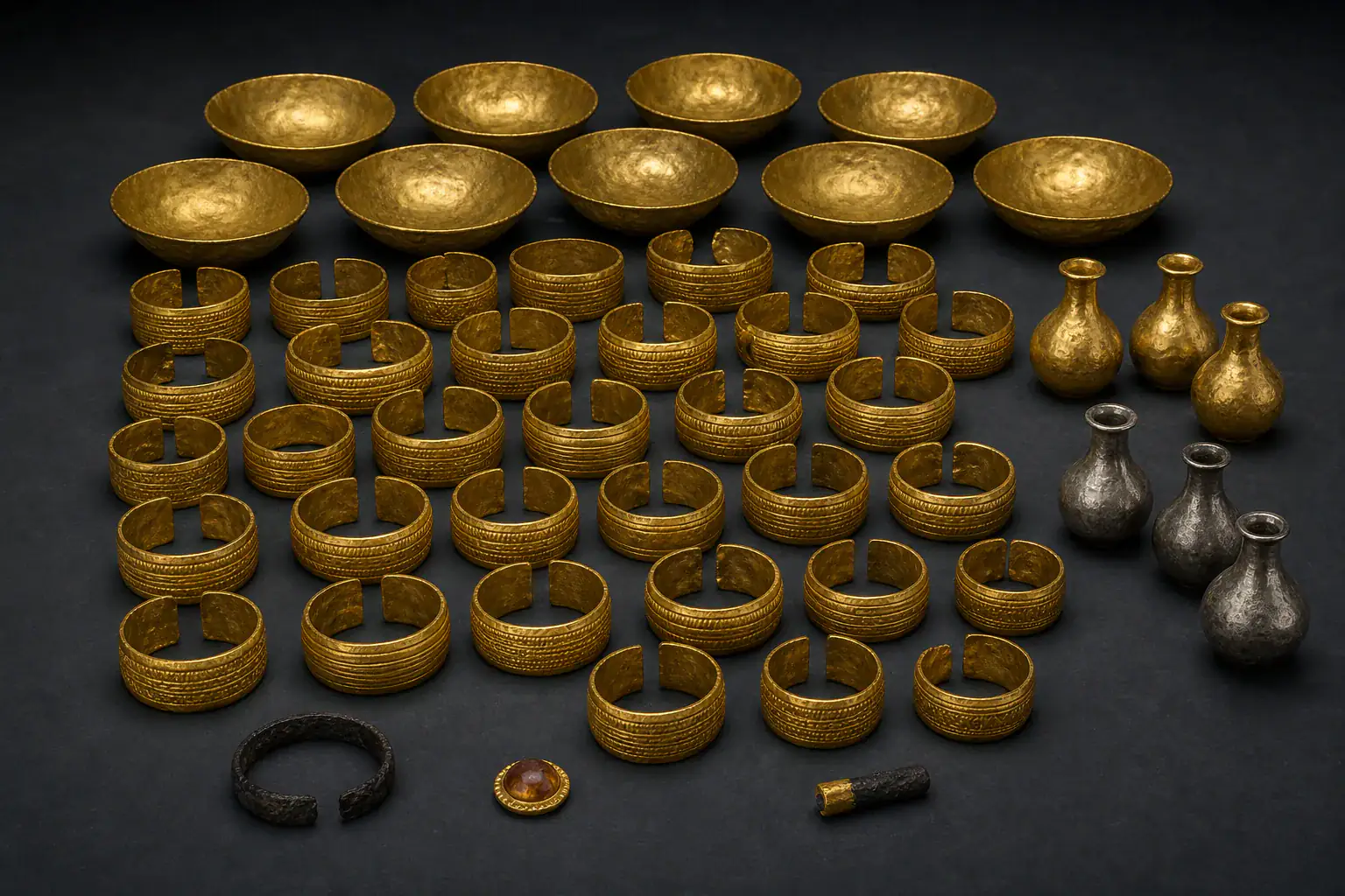Conjunto de recipientes y brazaletes de oro del Tesoro de Villena expuestos sobre fondo oscuro