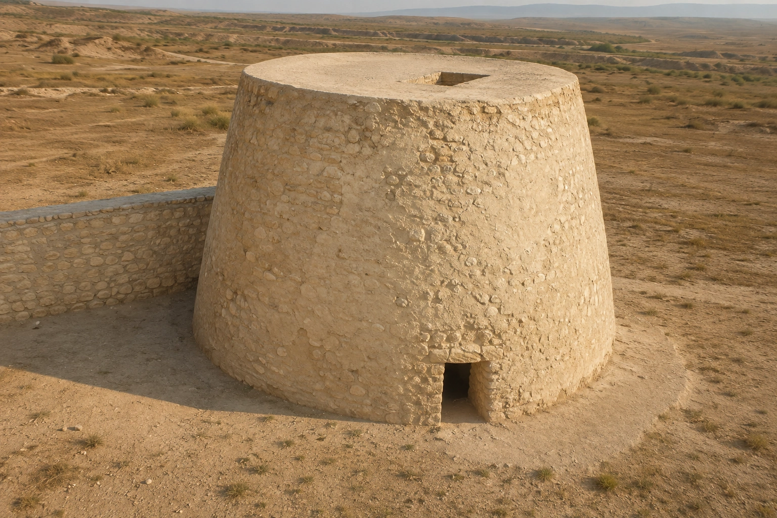 Torre troncocónica de 8,25 m, abertura superior de escalera interna y pared adyacente de altura aproximada a la mitad. Reconstrucción interpretativa, no fotografía del original.