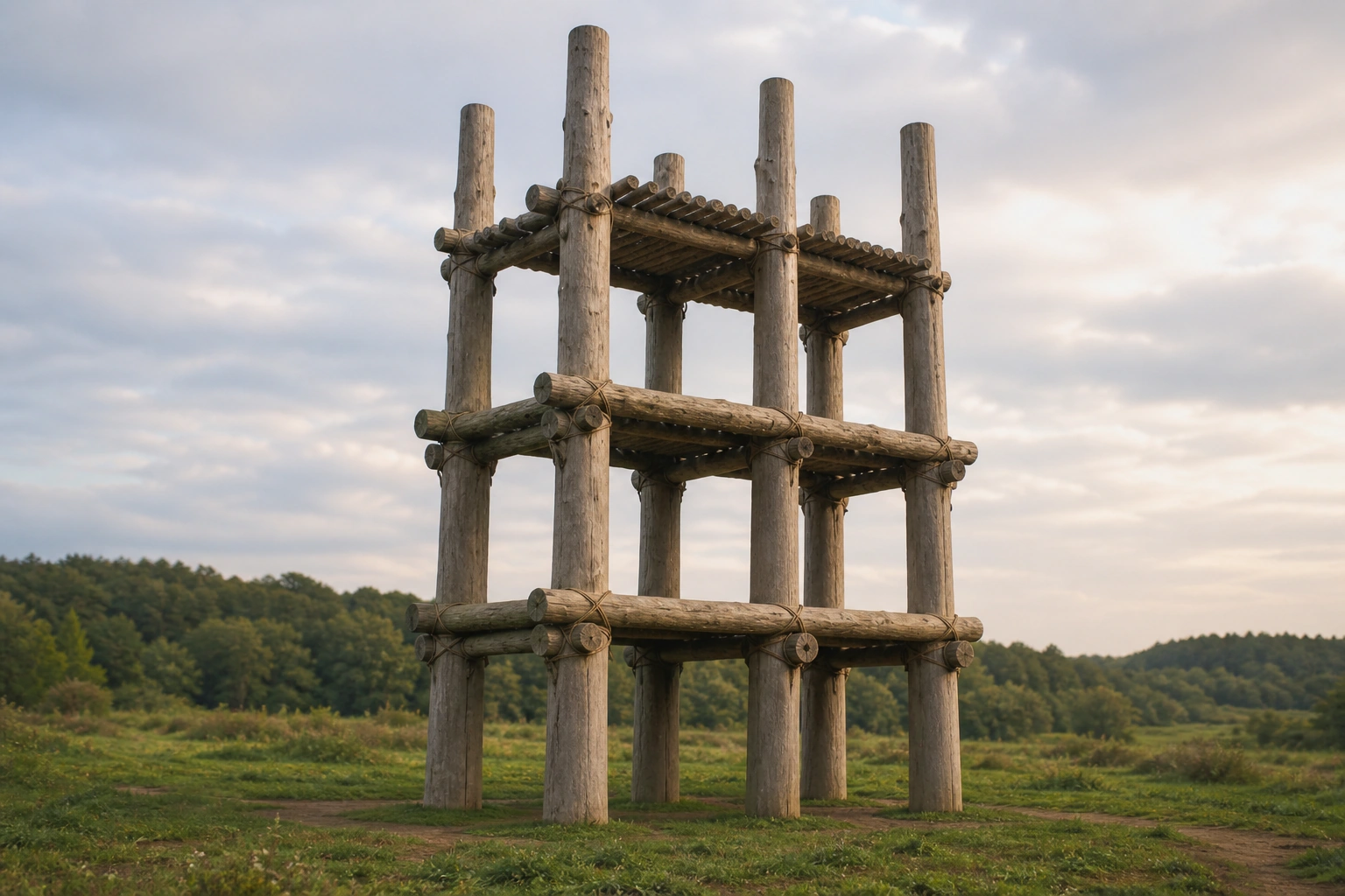 Seis grandes postes de castaño en dos filas de tres, con tres niveles siguiendo una hipótesis museográfica explícita; cubierta intencionalmente no reconstruida. Reconstrucción interpretativa, no fotografía del original.