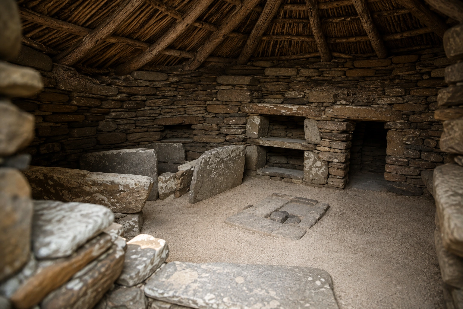 Interior con dresser, compartimentos de lajas y paso bajo de la fotografía; cubierta orgánica de diseño hipotético. Reconstrucción interpretativa, no fotografía del original.
