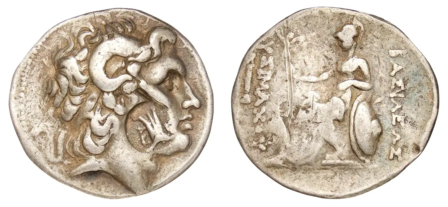 Moneda a nombre de Lisímaco en el Münzkabinett de Berlín: el anverso representa a Alejandro divinizado, no al emisor. No es el ejemplar comparativo de Corpus Nummorum tipo 21721.