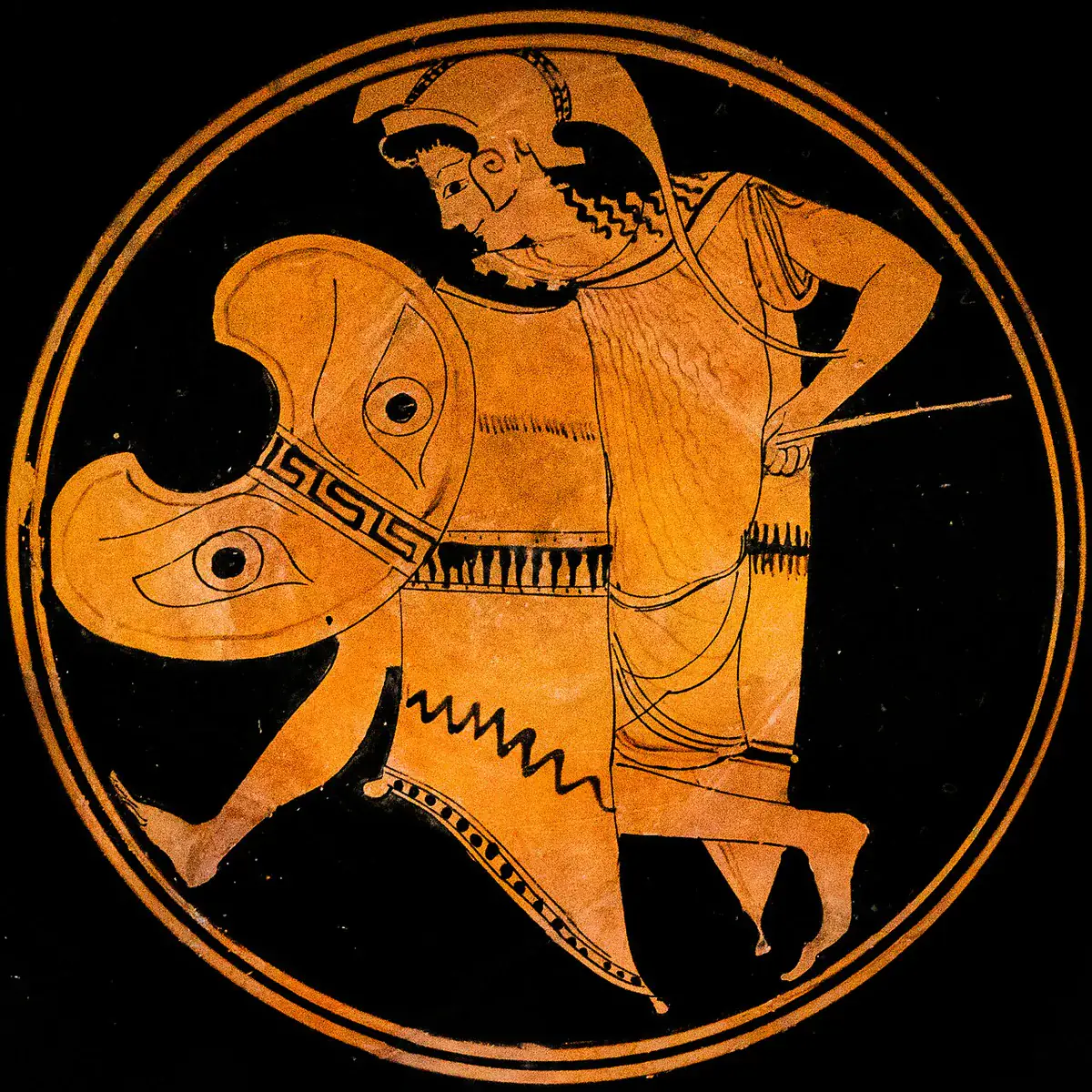 Guerrero con indumentaria tracia en una vasija griega. Contexto del armamento, no representación de los dos bailarines de Jenofonte.