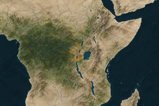 Mapa editorial indicativo criado com IA da região dos Grandes Lagos de África, onde vivem diferentes comunidades Batwa e Twa.