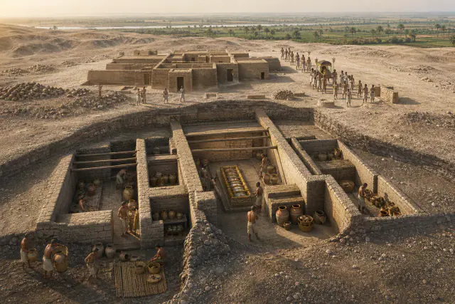 Recriação histórica específica de Abidos: o cemitério dos primeiros reis, Umm el-Qaab, Abidos, Egito, cerca de 3100–2700 a. C.