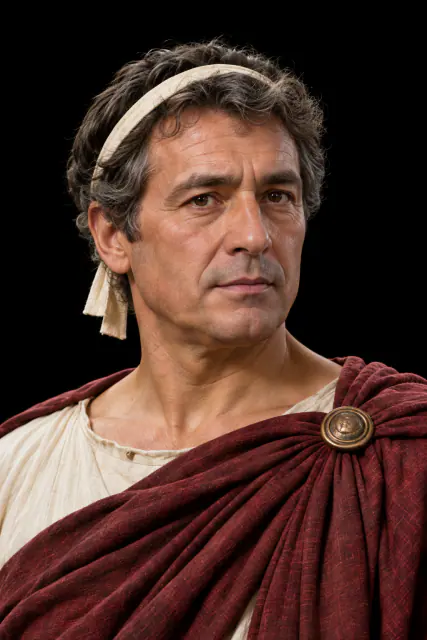 Retrato de Ptolemeu I Sóter recriado com IA, de cabeça e ombros sobre fundo preto; aparência hipotética.