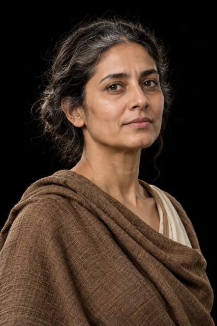 Retrato de Gārgī Vācaknavī recriado com IA, cabeça e ombros sobre fundo preto; aparência hipotética.