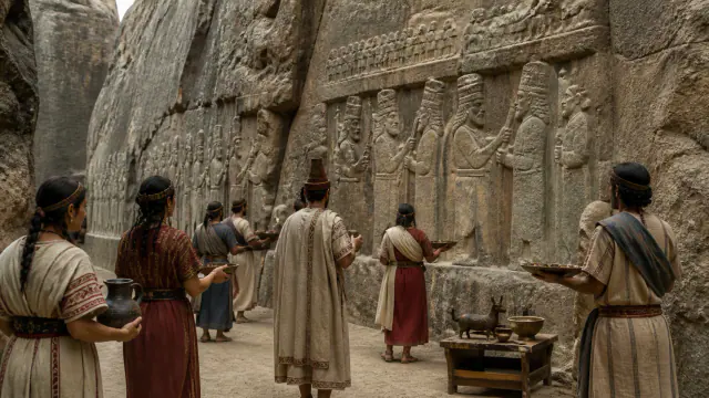 Detalhe contextual de Os deuses avançam por uma fenda na rocha, associado ao cartão Ritual e religião