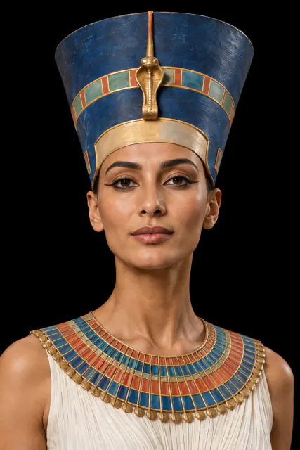Retrato recriado com IA de Nefertiti, de cabeça e ombros sobre fundo preto; aparência hipotética.