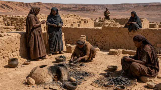 إعادة تصوّر تاريخية خاصة بمواقد وخبث وقوالب في مستوطنة متصلة، سانية جبريل · فزّان، مراحل جرمنتية ومتأخرة