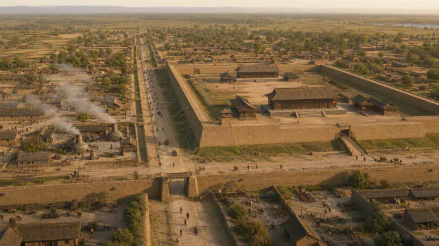 Reconstituição histórica específica de Um recinto de terra apiloada muda a escala, Erlitou, Yanshi/Luoyang, Henan, China, c. 1900–1500 a.C.