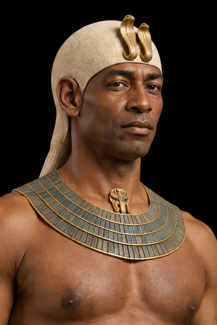Retrato interpretativo de Taharqa sobre fundo preto. Aparência hipotética.