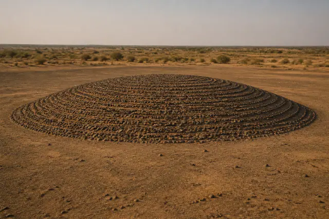 Hipótese do túmulo t253 de Kerma por volta de 2000 a. C., fechado e coberto por fileiras de pedras escuras; altura e disposição superficial interpretativas.