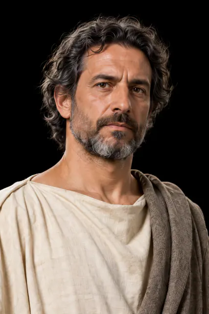 Retrato de Diodoro da Sicília recriado com IA, de cabeça e ombros sobre fundo preto; aparência hipotética.