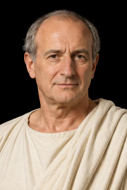 Mit KI nachgebildetes Kopf-Schulter-Porträt von Cicero vor schwarzem Hintergrund; hypothetisches Aussehen.