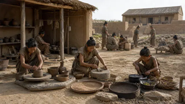 Pormenor contextual de Negro brilhante antes dos bronzes, associado ao cartão Cerâmica, comida e lares