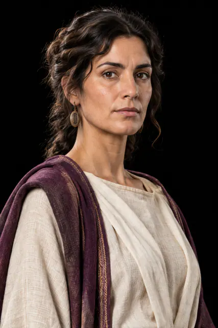 Retrato recriado com IA de Elissa / Dido, cabeça e ombros sobre fundo preto; aparência hipotética.