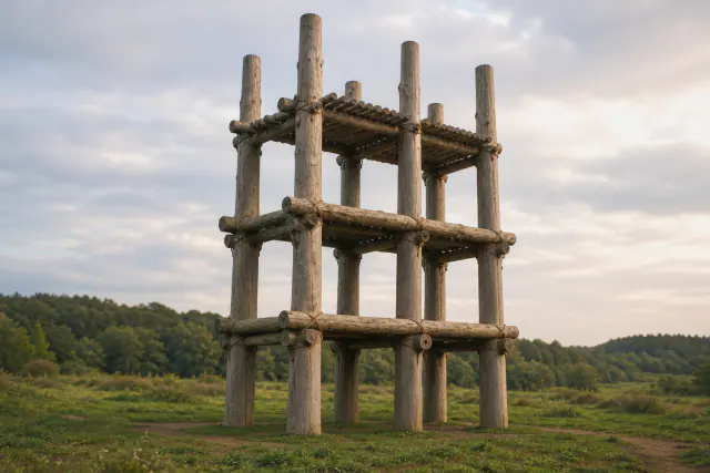 Seis grandes postes de castanheiro em duas filas de três, com três níveis segundo uma hipótese museográfica explícita; cobertura intencionalmente não reconstruída. Reconstrução interpretativa, não fotografia do original.