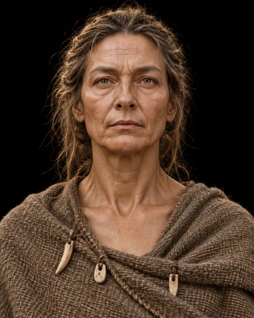 Retrato de uma mulher madura de Upton Lovell sobre fundo preto, com uma peça de vestuário castanha e pequenos adornos de osso; recriação hipotética.