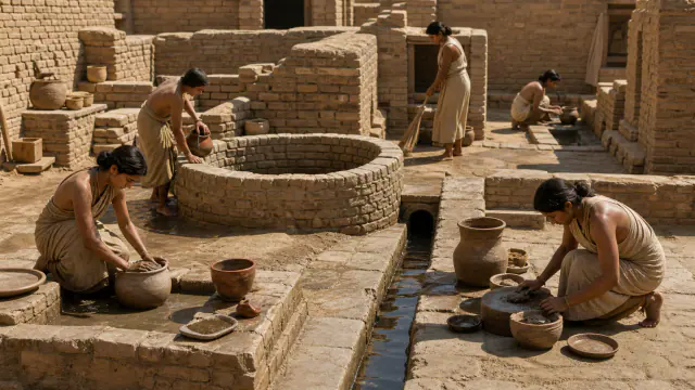 Pormenor contextual de Mohenjo-daro sob os pés, associado à ficha Água, casa e cuidado quotidiano