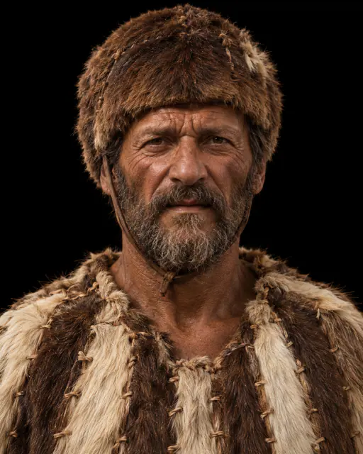 Retrato recriado de Ötzi sobre fundo preto, com pele morena, gorro de pele de urso e casaco de tiras claras e escuras; aparência hipotética.