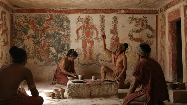Pormenor contextual de Pintar a origem da ordem numa sala selada, associado ao cartão Ritual, cosmologia e espaços sagrados