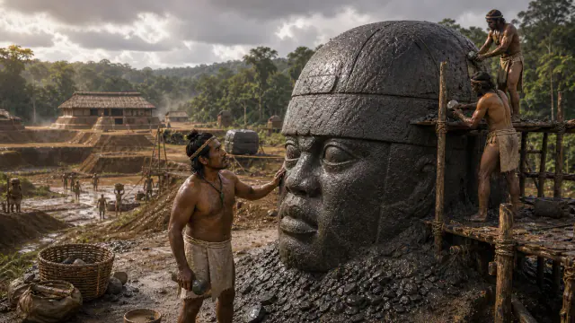 Reconstituição histórica específica de San Lorenzo: milhões de cargas de terra sobre a planície, San Lorenzo Tenochtitlán, Veracruz, México, apogeu cerca de 1200–900 a. C.; antecedentes desde cerca de 1500 a. C.