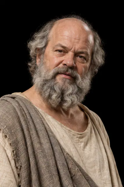 Retrato de Sócrates recriado com IA, de cabeça e ombros sobre fundo preto; aparência hipotética.