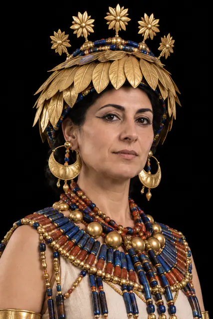 Retrato recriado com IA da rainha Puabi, de cabeça e ombros sobre fundo preto; aparência hipotética.