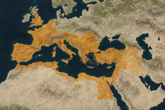 Mapa editorial indicativo criado com IA da extensão máxima aproximada do Império Romano por volta de 117 d.C., do Mediterrâneo à Britânia e ao Próximo Oriente.