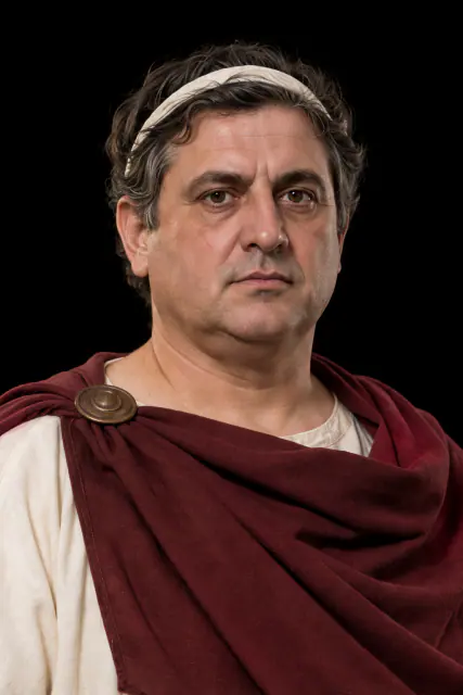 Retrato recriado com IA de Ptolomeu II Filadelfo, de cabeça e ombros sobre fundo negro; aparência hipotética.