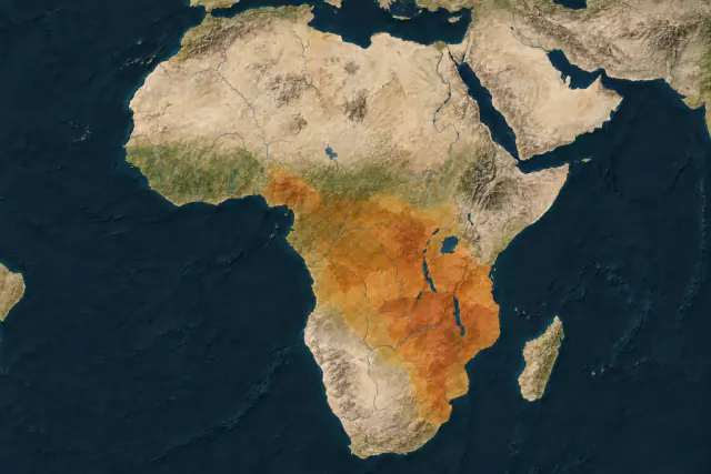 Mapa editorial indicativo criado com IA da África central, oriental e meridional, com áreas de comunidades de línguas bantas, não de um único império.