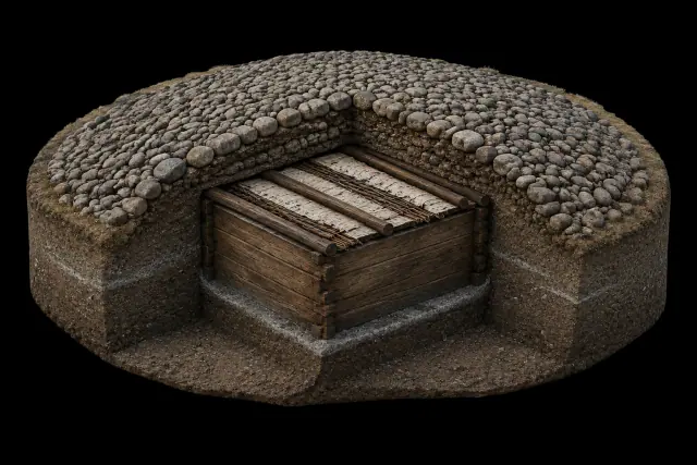 Visualização interpretativa de uma sepultura gelada de Pazyryk e do seu permafrost. O corte explica a conservação do contexto; não representa uma escavação concreta nem reproduz restos humanos.