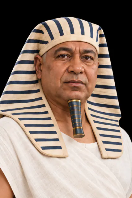 Retrato recriado com IA de Djoser / Netjerikhet, de cabeça e ombros sobre fundo preto; aparência hipotética.