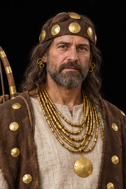 Retrato hiper-realista recriado do Homem importante de Varna, sepultado na sepultura 43, com adornos de ouro sobre fundo preto; rosto e traje hipotéticos.