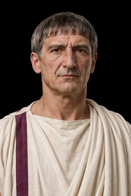Mit KI nachgebildetes Kopf-Schulter-Porträt von Trajan vor schwarzem Hintergrund; hypothetisches Aussehen.