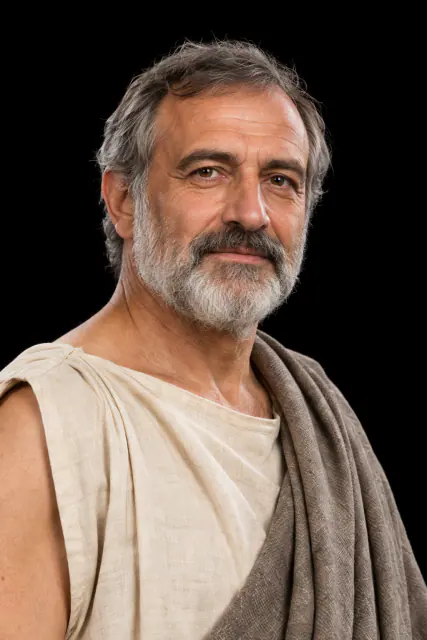 Retrato de Políbio recriado com IA, de cabeça e ombros sobre fundo preto; aparência hipotética.