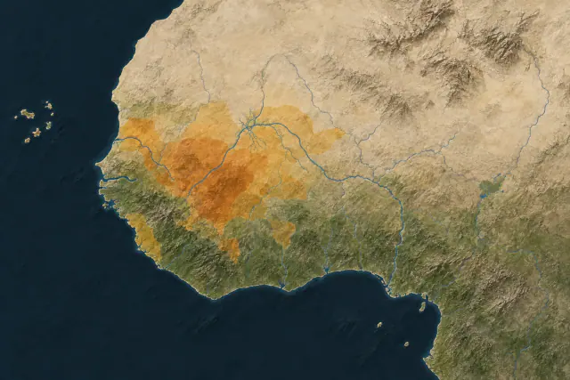 Mapa editorial indicativo criado com IA da África ocidental e do contexto geográfico das sociedades mandé.