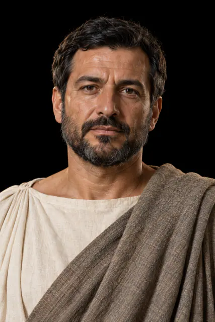 Retrato de Dionísio I, o Velho, recriado com IA, de cabeça e ombros sobre fundo preto; aparência hipotética.