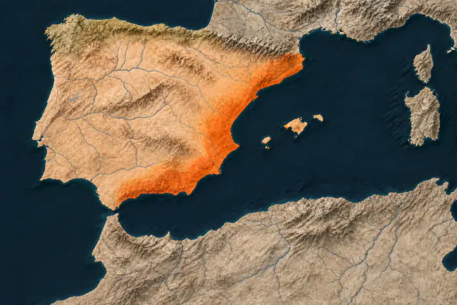 Mapa editorial indicativo criado com IA da Península Ibérica, com a costa mediterrânica destacada a laranja e o resto da península em laranja suave, sem nomes nem legenda.
