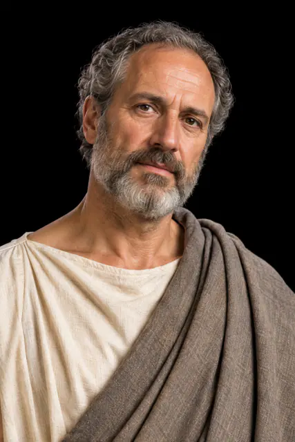 Retrato de Tucídides recriado com IA, de cabeça e ombros sobre fundo preto; aparência hipotética.