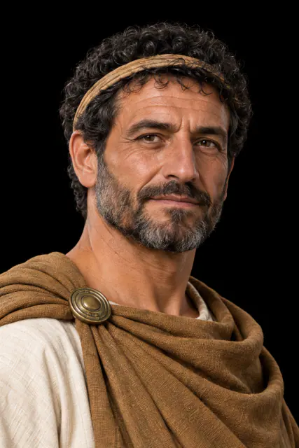 Retrato recriado com IA de Massinissa da Numídia, cabeça e ombros sobre fundo preto; aparência hipotética.